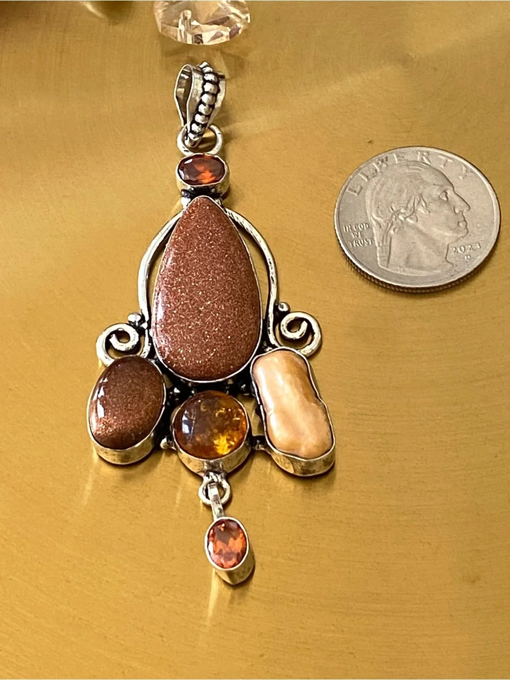 Gold Sunstone, Amber, Madera Citrine And Pearl  Pendant
